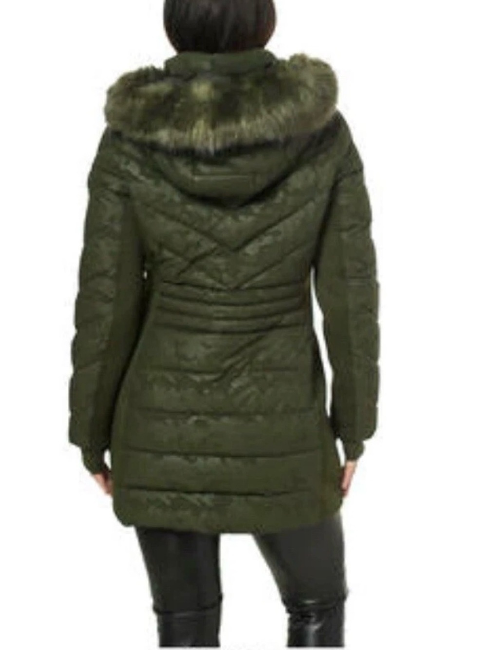 Michael Kors Olive Camo Green Quilted Puffer Coat with Faux Fur Hood - Picture 2 of 12